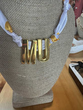 Load image into Gallery viewer, Yellow & White Scarf Necklace w/ Gold MU Letter Charms