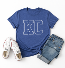 Load image into Gallery viewer, White Outlined KC Letters on Blue T-Shirt