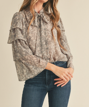 Load image into Gallery viewer, Gray Floral Tie Neck Blouse