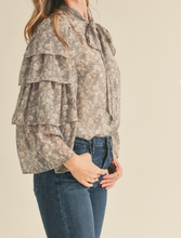 Load image into Gallery viewer, Gray Floral Tie Neck Blouse