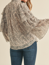 Load image into Gallery viewer, Gray Floral Tie Neck Blouse