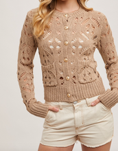 Load image into Gallery viewer, Taupe Button Down Pointelle Knit Cardigan