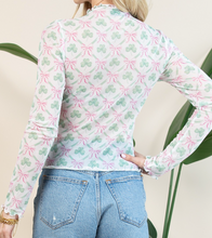 Load image into Gallery viewer, Green Shamrock & Pink Bow Long Sleeve Mesh Top