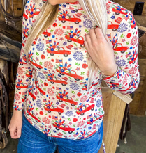 Load image into Gallery viewer, Red, White, & Blue Freedom & Fireworks Mesh Long Sleeve Top