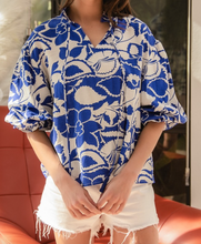 Load image into Gallery viewer, Royal Blue Floral Bubble Sleeve Top