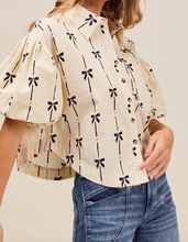 Load image into Gallery viewer, Ivory & Black Bow Button Up Puff Sleeve Top