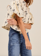 Load image into Gallery viewer, Ivory & Black Bow Button Up Puff Sleeve Top