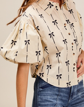 Load image into Gallery viewer, Ivory & Black Bow Button Up Puff Sleeve Top