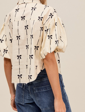 Load image into Gallery viewer, Ivory & Black Bow Button Up Puff Sleeve Top