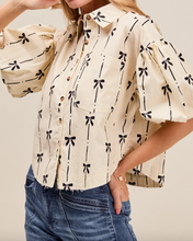 Load image into Gallery viewer, Ivory & Black Bow Button Up Puff Sleeve Top