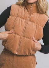 Load image into Gallery viewer, Camel Corduroy Zip-Up Puffer Vest