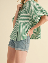 Load image into Gallery viewer, Green & White Stripe Bubble Sleeve Button Down