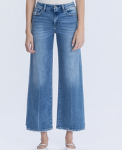 Load image into Gallery viewer, Medium Dark High Rise Side Panel Step Hem Ankle Wide Jeans
