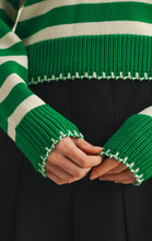 Load image into Gallery viewer, Green & White Stripe Collared Sweater w/ Blanket Stitch