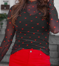 Load image into Gallery viewer, Black & Red Heart & Lines Mesh Long Sleeve Top