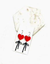 Load image into Gallery viewer, Red Heart & Black Bow Dangle Earrings