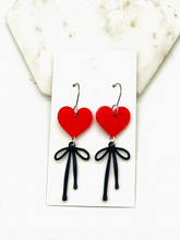 Load image into Gallery viewer, Red Heart & Black Bow Dangle Earrings