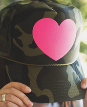 Load image into Gallery viewer, Camo Trucker Hat w/ Pink Puff Heart