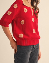 Load image into Gallery viewer, Red & Tan Collared Floral Embroidered Sweater