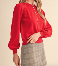 Load image into Gallery viewer, Red Henley Sweater w/ Ribbed & Puffed Sleeves