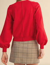 Load image into Gallery viewer, Red Henley Sweater w/ Ribbed & Puffed Sleeves