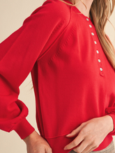 Load image into Gallery viewer, Red Henley Sweater w/ Ribbed & Puffed Sleeves