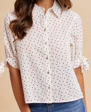 Load image into Gallery viewer, White & Red Hearts Button Down w/ Puff Sleeve & Tie