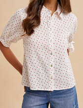 Load image into Gallery viewer, White & Red Hearts Button Down w/ Puff Sleeve & Tie
