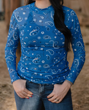 Load image into Gallery viewer, Blue Bandana Long Sleeve Mesh Top