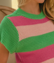 Load image into Gallery viewer, Jade & Pink Stripe Short Sleeve Sweater