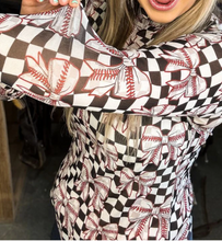 Load image into Gallery viewer, Black & White Checker Baseball Bow Print Mesh Long Sleeve Top