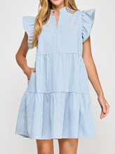 Load image into Gallery viewer, Blue & White Stripe Ruffle Sleeveless Dress
