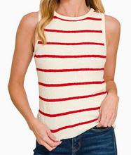 Load image into Gallery viewer, Red & White Stripe Sleeveless Sweater