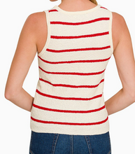 Load image into Gallery viewer, Red & White Stripe Sleeveless Sweater