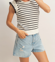 Load image into Gallery viewer, Black & White Stripe Top w/ Scalloped Edge Sleeves