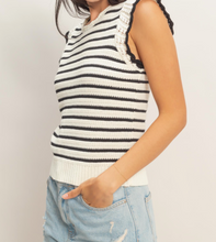 Load image into Gallery viewer, Black & White Stripe Top w/ Scalloped Edge Sleeves