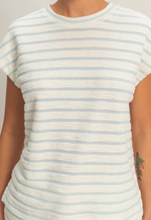 Load image into Gallery viewer, Blue & White Stripe Terry Knit Cap Short Sleeve Top