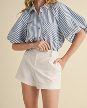 Load image into Gallery viewer, Blue & White Stripe Bubble Sleeve Button Down