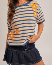 Load image into Gallery viewer, Blue & Orange Stripe & Floral Short Sleeve Sweater