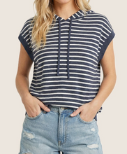 Load image into Gallery viewer, Indigo & White Stripe Sleeveless Hoodie Sweater