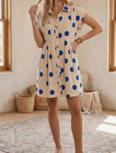 Load image into Gallery viewer, Cream & Royal Blue Polka Dot Pleated Poplin Dress