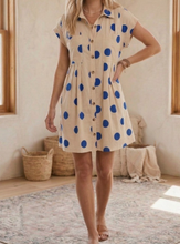 Load image into Gallery viewer, Cream & Royal Blue Polka Dot Pleated Poplin Dress