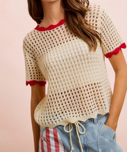 Load image into Gallery viewer, Cream Crochet Top w/ Red Scalloped Edges