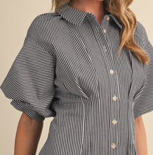 Load image into Gallery viewer, Black & White Pinstripe Puff Sleeve Mini Dress