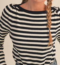 Load image into Gallery viewer, Black & White Stripe Puff Shoulder Sweater