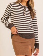 Load image into Gallery viewer, Brown Lace Trim Stripe Henley Sweater