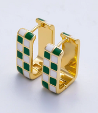 Load image into Gallery viewer, Checker Enamel Rectangle Hoop Earrings