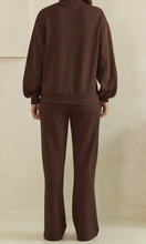 Load image into Gallery viewer, Coffee Brown Contrast Piping Pullover & Wide Leg Pants Set