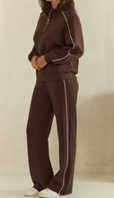 Load image into Gallery viewer, Coffee Brown Contrast Piping Pullover & Wide Leg Pants Set