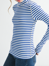 Load image into Gallery viewer, Blue & White Stripe Mock Neck w/ White Piping
